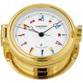 WEMPE Orologio a forma di oblò 140 mm Ø (serie REGATTA) Orologio a forma di oblò dorato con quadrante con bandiere su fondo bianco